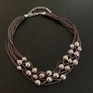 Women’s Necklace Leather Multi strand with Silver Metal Beads choker style